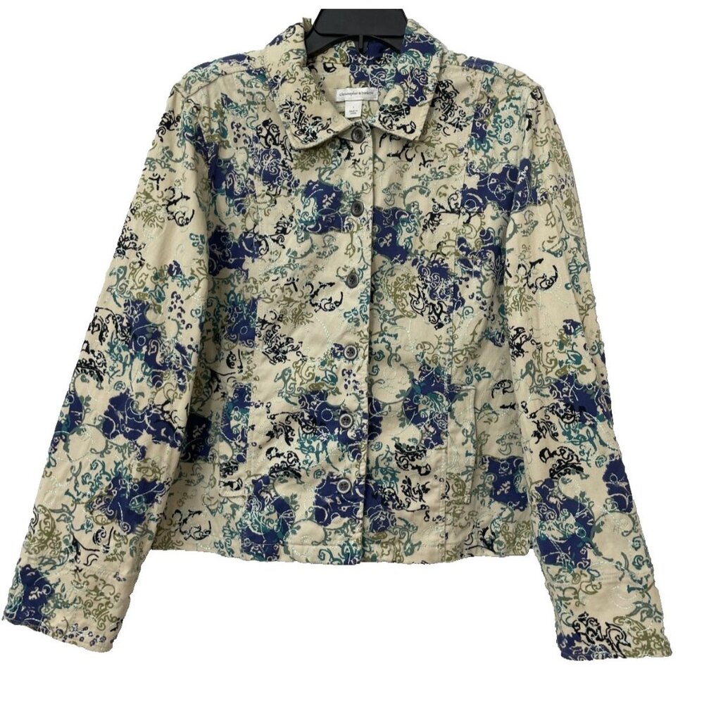 Christopher Banks Large Women's Floral Lightweight Jacket Beige Embroidered Blue